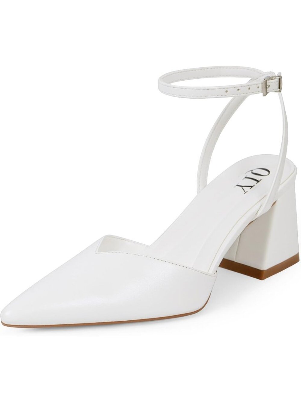 🆕Women's White Pointed Toe Block Heels Chunky Ankle Strap Bridal Dress Pumps